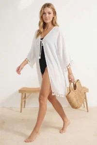 TRENDYOLMİLLA Ecru Weaving Tassel Beach Mini Kimono&Kaftan