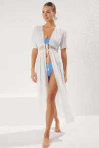 TRENDYOLMİLLA WHITE Weaving Lace Maxi Beach Kimono&Kaftan