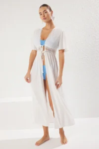 TRENDYOLMİLLA WHITE Weaving Lace Maxi Beach Kimono&Kaftan - Image 2