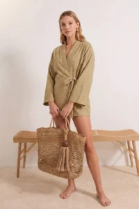 TRENDYOLMİLLA Light Khaki Weaving Beach Mini Kimono&Kaftan