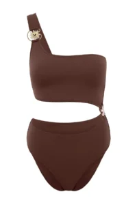 TRENDYOLMİLLA Brown One Shoulder Casting with accessories Cut Out Detailed Regular Swimsuit - Image 3