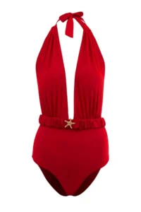 TRENDYOLMİLLA Red Deep V-neck Covered Casting with accessories Regular Swimsuit - Image 6