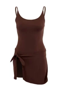 TRENDYOLMİLLA Brown tied up Square Neck Covered Skirt Swimsuit - Image 4