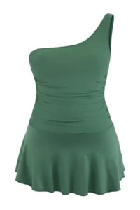 TRENDYOLMİLLA Emerald Green One Shoulder Covered Shorts Skirt Basic Swimsuit - Image 5