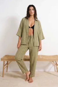 TRENDYOLMİLLA Light Khaki Striped Weaving Transparan Beach Shirt Pants Set - Image 2
