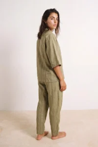 TRENDYOLMİLLA Light Khaki Striped Weaving Transparan Beach Shirt Pants Set - Image 3