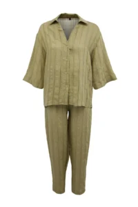 TRENDYOLMİLLA Light Khaki Striped Weaving Transparan Beach Shirt Pants Set - Image 4