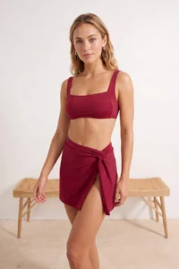 TRENDYOLMİLLA Burgundy Regular Waist Slit Detailed Skirt Bikini Bottom - Image 2