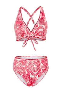 TRENDYOLMİLLA Ethnic Patterned Triangle Embroidery Detailed Covered High Waist Regular Bikini Set - Image 4