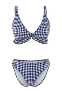TRENDYOLMİLLA Navy Blue Plaid Patterned Triangle Covered textured Frilly Low Waist Regular Bikini Set - Image 5