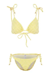 TRENDYOLMİLLA Yellow Plaid textured Triangle Covered With Beaded Accents Low Waist Regular Bikini Set - Image 4