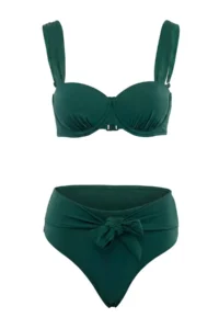 TRENDYOLMİLLA Emerald Green balconette Covered Binding Detailed High Waist Regular Bikini Set - Image 4