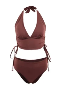TRENDYOLMİLLA Brown Triangle Covered Drapeli Adjustable High Waist Regular Bikini Set - Image 3
