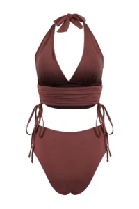TRENDYOLMİLLA Brown Triangle Covered Drapeli Adjustable High Waist Regular Bikini Set - Image 4