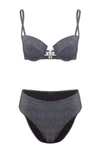 TRENDYOLMİLLA Black Simli balconette Covered Pearl with accessories High Waist Regular Bikini Set - Image 4