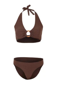 TRENDYOLMİLLA Brown textured Triangle Covered Accessory Detailed Regular Waist Regular Bikini Set - Image 5