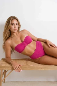 TRENDYOLMİLLA Fuchsia Premium Strapless textured Regular Waist Regular Bikini Set