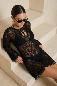 TRENDYOLMİLLA Black Premium Knitwear Cellular Super Mini Beach Dress - Image 2