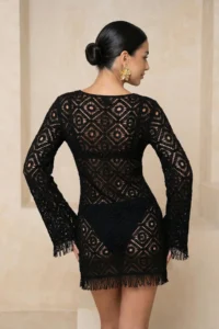 TRENDYOLMİLLA Black Premium Knitwear Cellular Super Mini Beach Dress - Image 3