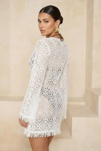 TRENDYOLMİLLA WHITE Premium Knitwear Cellular Super Mini Beach Dress - Image 3