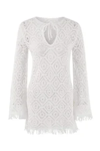 TRENDYOLMİLLA WHITE Premium Knitwear Cellular Super Mini Beach Dress - Image 4