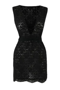 TRENDYOLMİLLA Black Premium Knitwear Cellular Super Mini Deep V-neck Beach Dress - Image 3