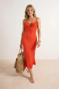 TRENDYOLMİLLA Pomegranate Blossom Knitting Maxi Frilly Beach Dress - Image 2