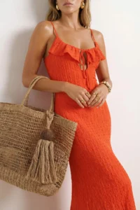 TRENDYOLMİLLA Pomegranate Blossom Knitting Maxi Frilly Beach Dress - Image 3