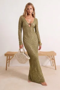 TRENDYOLMİLLA Khaki Knitting Maxi Accessory Detailed Beach Dress
