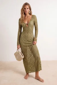TRENDYOLMİLLA Khaki Knitting Maxi Accessory Detailed Beach Dress - Image 2