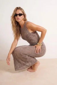 TRENDYOLMİLLA Mink Knitwear Cellular Maxi Beach Dress - Image 2