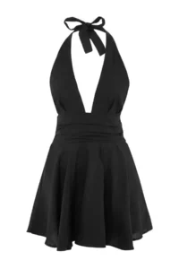 TRENDYOLMİLLA Black Weaving V-neck Super Mini Ruffle Detailed 100% Cotton Beach Dress - Image 5