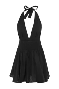 TRENDYOLMİLLA Black Weaving V-neck Super Mini Ruffle Detailed 100% Cotton Beach Dress - Image 7