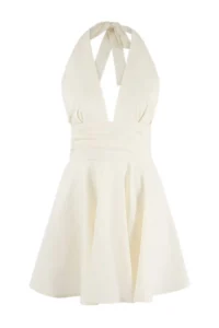 TRENDYOLMİLLA Ecru Weaving V-neck Super Mini Ruffle Detailed 100% Cotton Beach Dress - Image 4