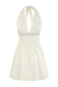 TRENDYOLMİLLA Ecru Weaving V-neck Super Mini Ruffle Detailed 100% Cotton Beach Dress - Image 5