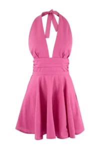 TRENDYOLMİLLA Fuchsia Weaving V-neck Super Mini Ruffle Detailed 100% Cotton Beach Dress - Image 4