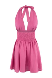 TRENDYOLMİLLA Fuchsia Weaving V-neck Super Mini Ruffle Detailed 100% Cotton Beach Dress - Image 5