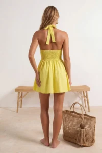 TRENDYOLMİLLA Yellow Weaving V-neck Super Mini Ruffle Detailed 100% Cotton Beach Dress - Image 2