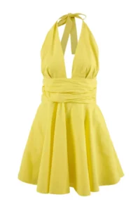 TRENDYOLMİLLA Yellow Weaving V-neck Super Mini Ruffle Detailed 100% Cotton Beach Dress - Image 3