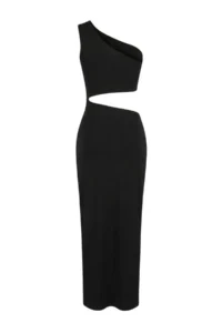 TRENDYOLMİLLA Black Knitting Maxi Casting with accessories One Shoulder Beach Dress - Image 3