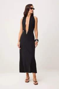 TRENDYOLMİLLA Black Knitting Maxi Casting with accessories Barbell Neck Beach Dress
