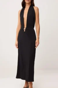TRENDYOLMİLLA Black Knitting Maxi Casting with accessories Barbell Neck Beach Dress - Image 3