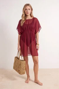 TRENDYOLMİLLA Burgundy Weaving Mini Shirred Beach Dress - Image 2