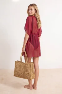 TRENDYOLMİLLA Burgundy Weaving Mini Shirred Beach Dress - Image 3