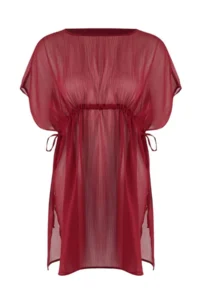 TRENDYOLMİLLA Burgundy Weaving Mini Shirred Beach Dress - Image 4