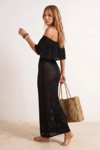 TRENDYOLMİLLA Black Knitwear Maxi Carmen Collar Beach Dress - Image 3