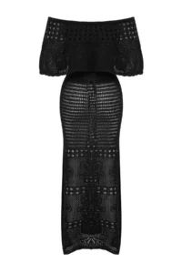 TRENDYOLMİLLA Black Knitwear Maxi Carmen Collar Beach Dress - Image 5