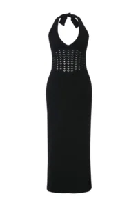 TRENDYOLMİLLA Black Knitwear Cellular Maxi Barbell Neck Beach Dress - Image 3