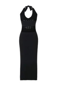 TRENDYOLMİLLA Black Knitwear Cellular Maxi Barbell Neck Beach Dress - Image 4