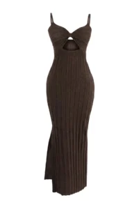 TRENDYOLMİLLA Dark Brown Knitwear Cellular Maxi Cut Out Detailed Beach Dress - Image 4